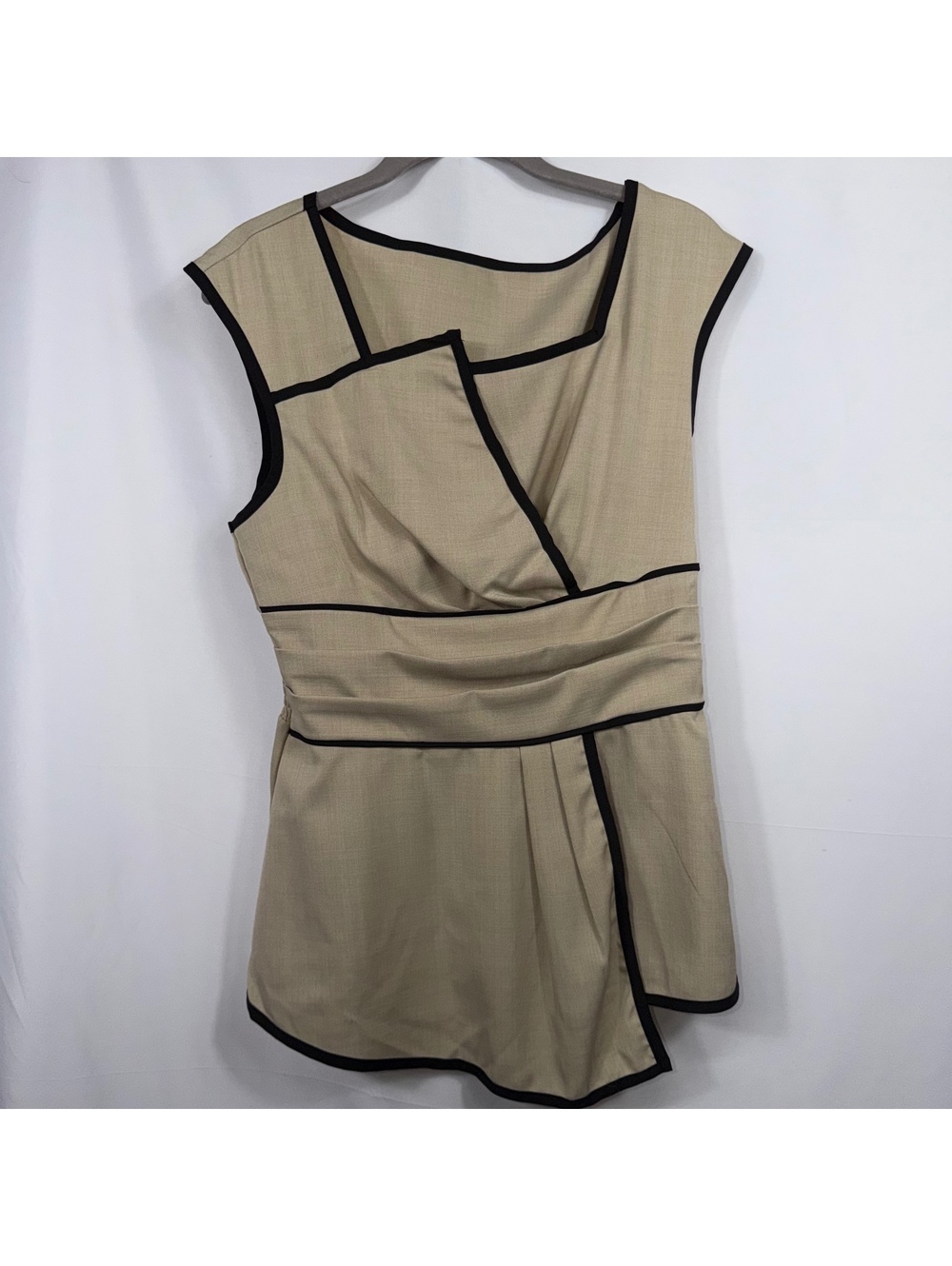 Size M Beige Black Piped Asymmetrical Peplum Top